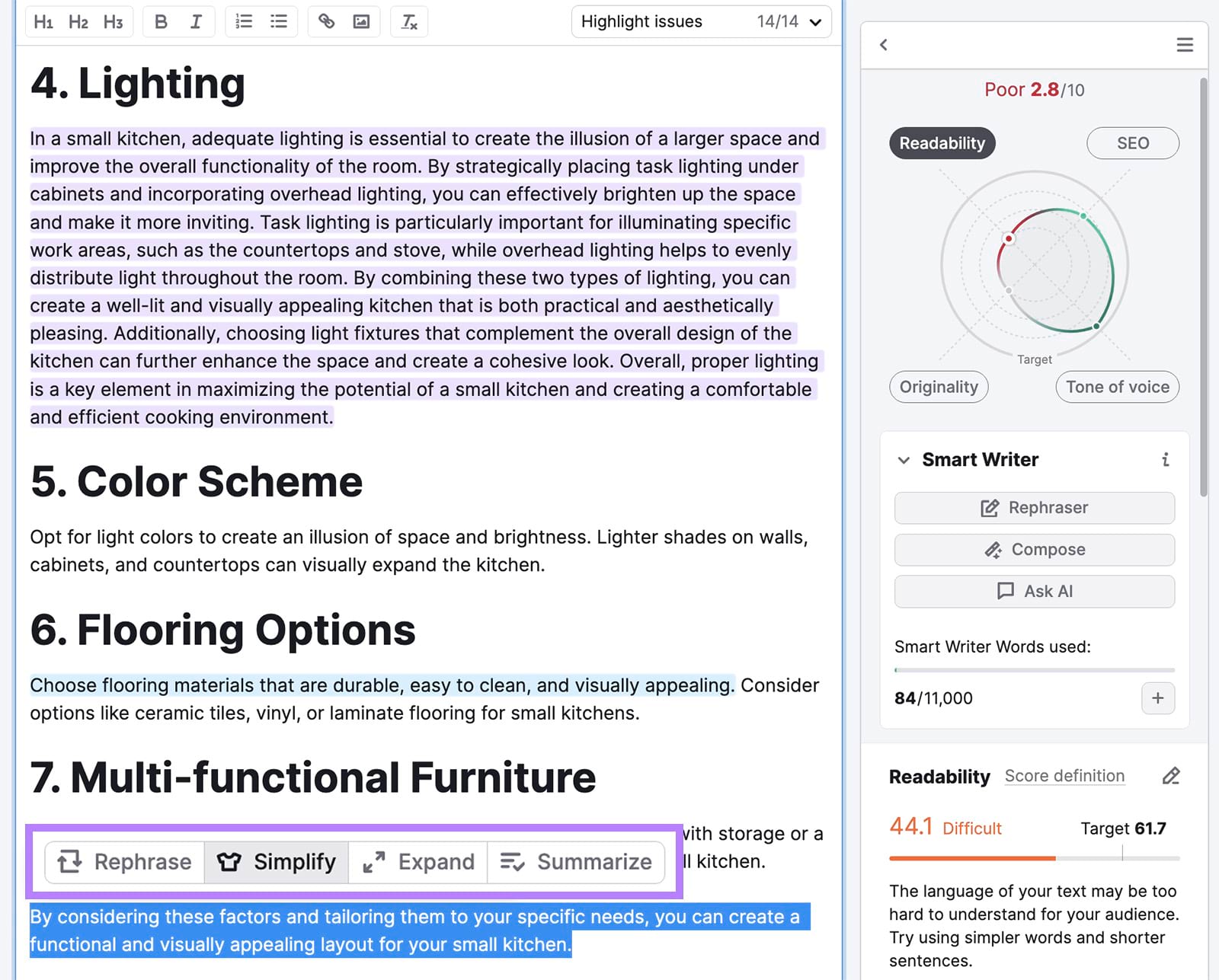 Smart Writer recommendations toolbar highlighted with Simplify option selected.