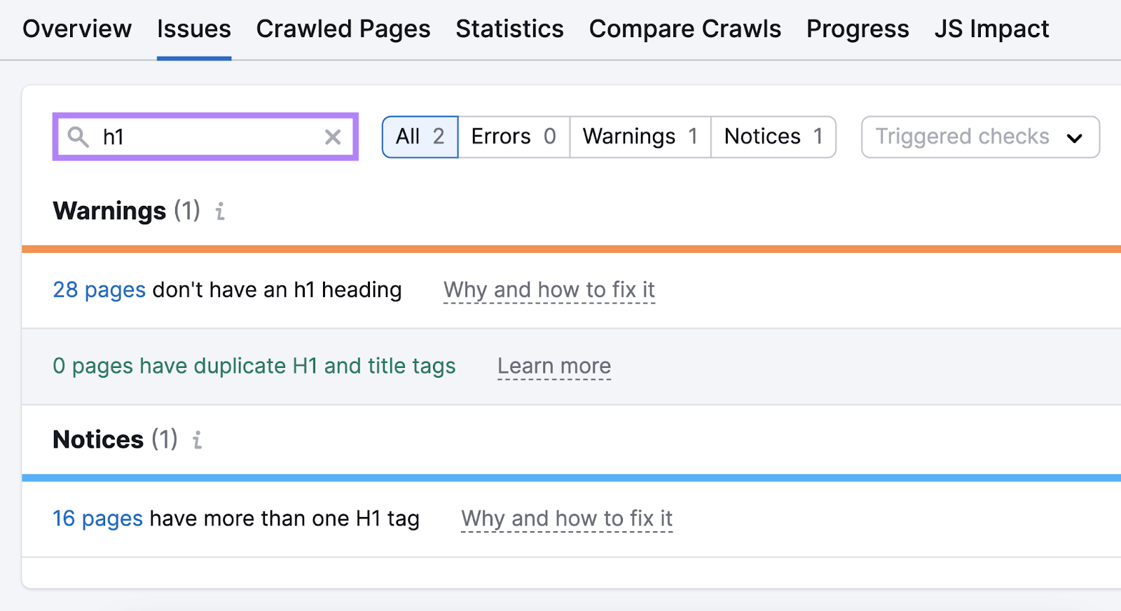 Results for "h1" in Site Audit's "Issues" tab