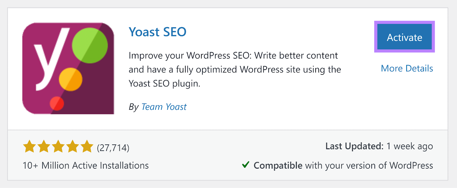 Yoast SEO plugin installed and Activate button highlighted