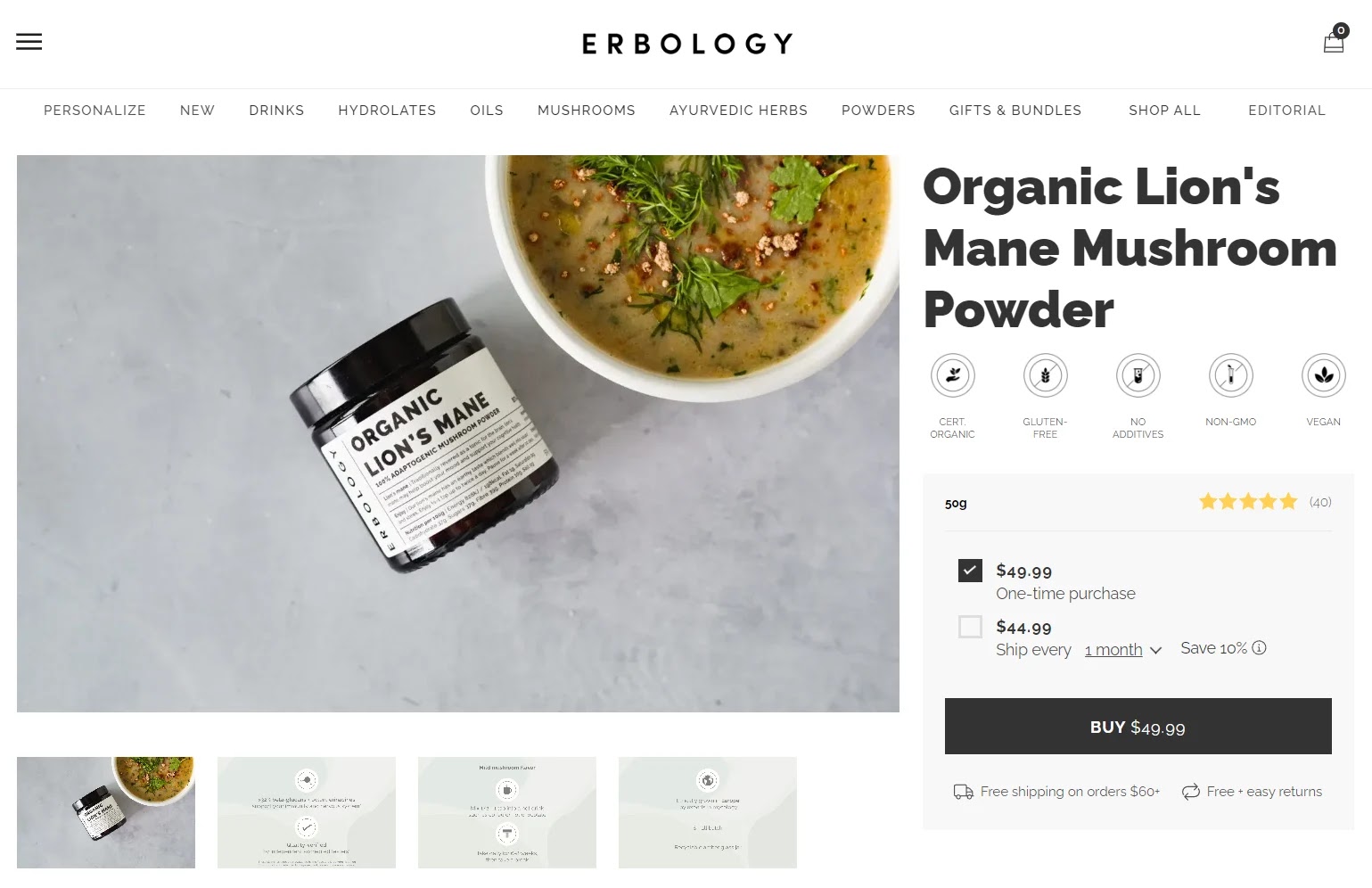 Erbology landing page for organic lion’s mane mushroom powder