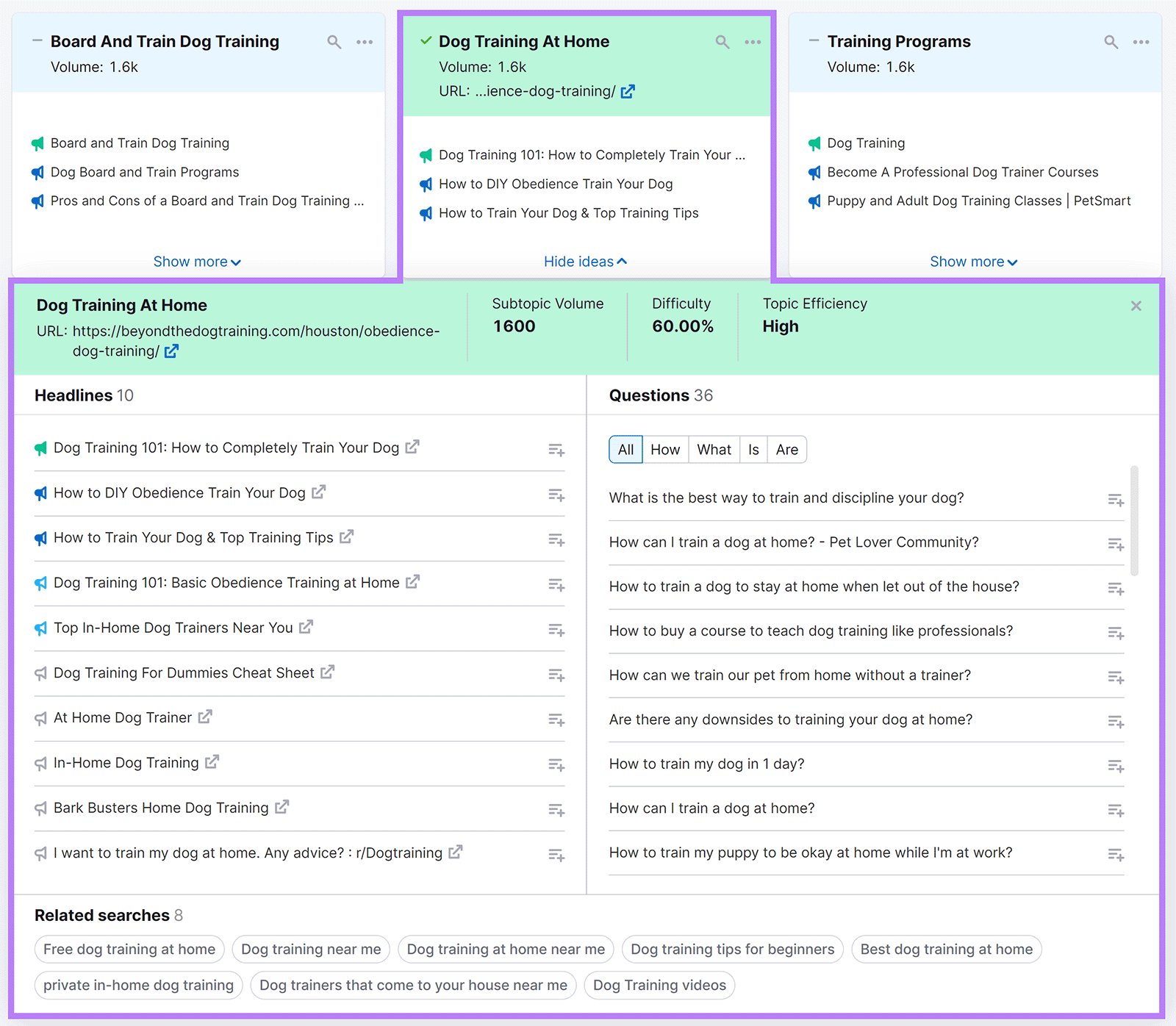 'Dog training at home' card expanded to show volume, headlines, and questions data