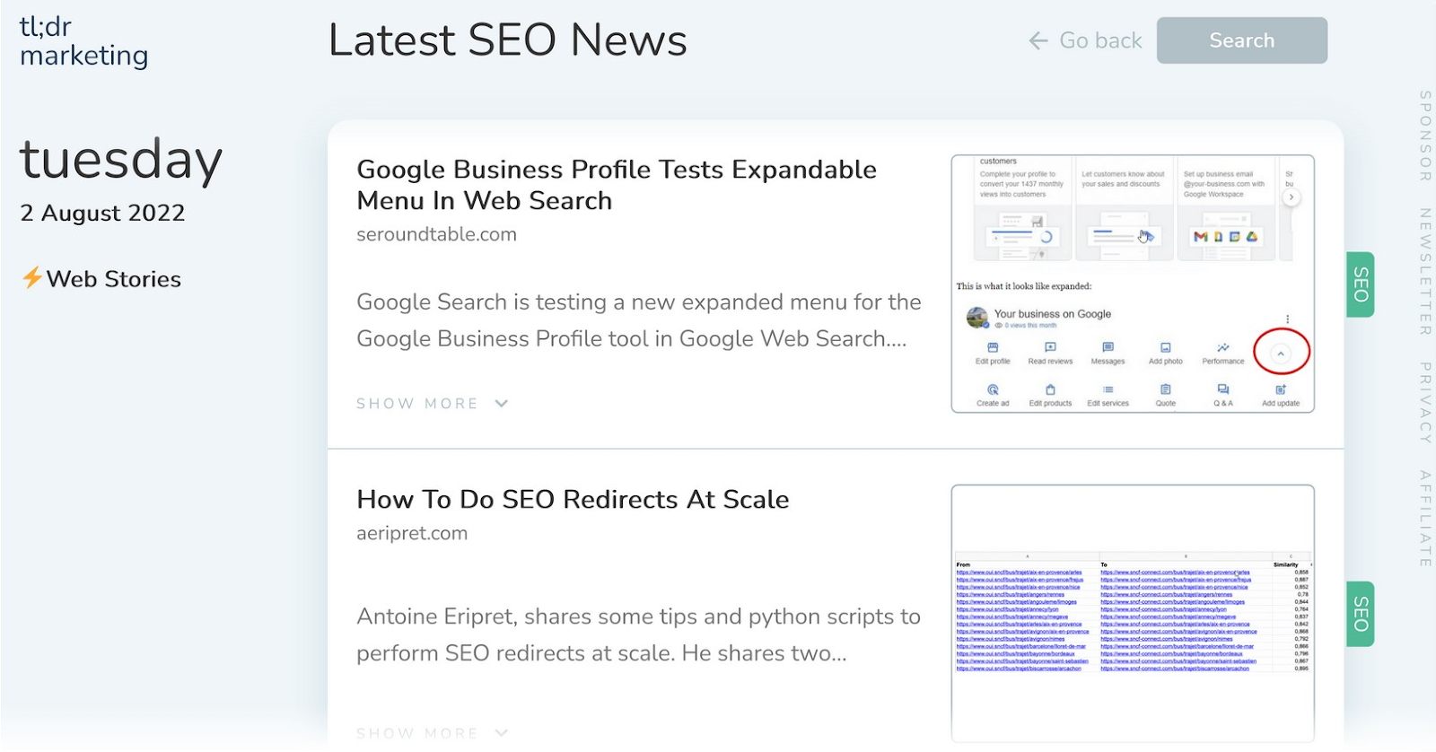 tl;dr Marketing "Latest SEO News" page