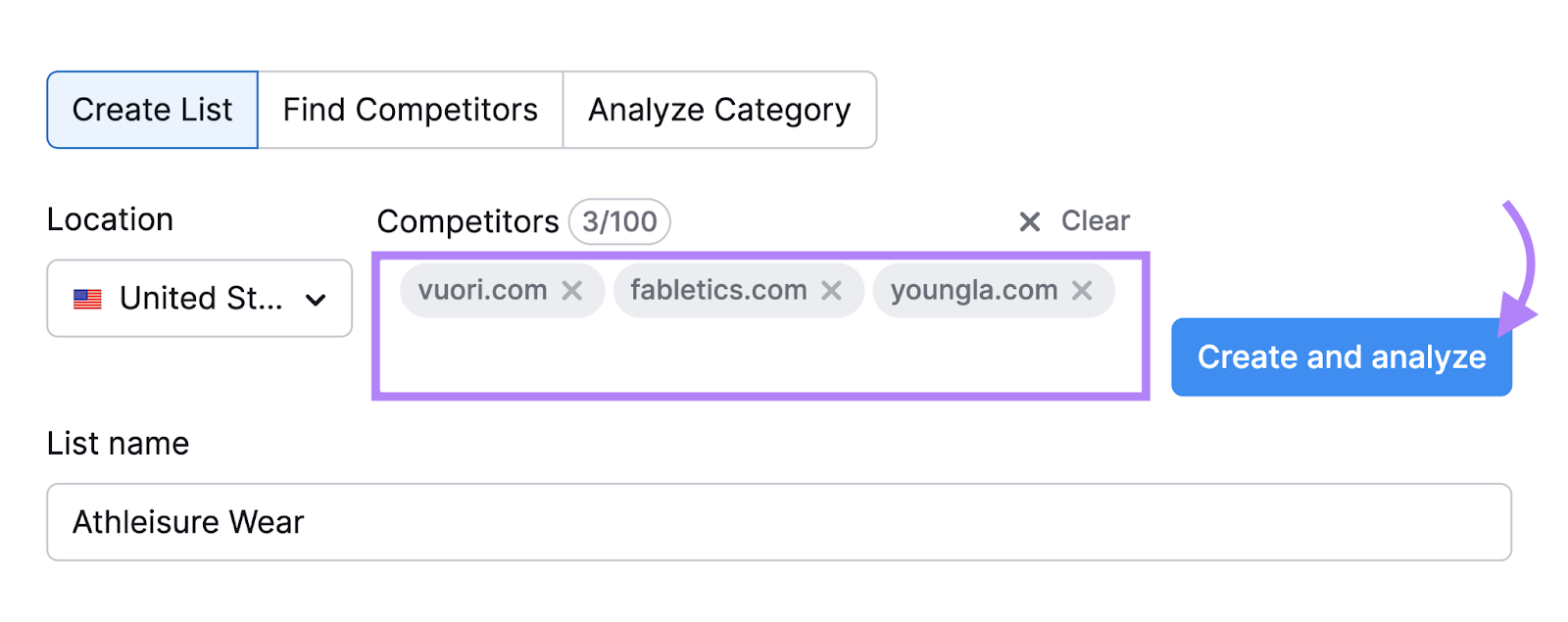 "vuori.com," "fabletics.com," and "youngla.com" entered into the Market Explorer search bar