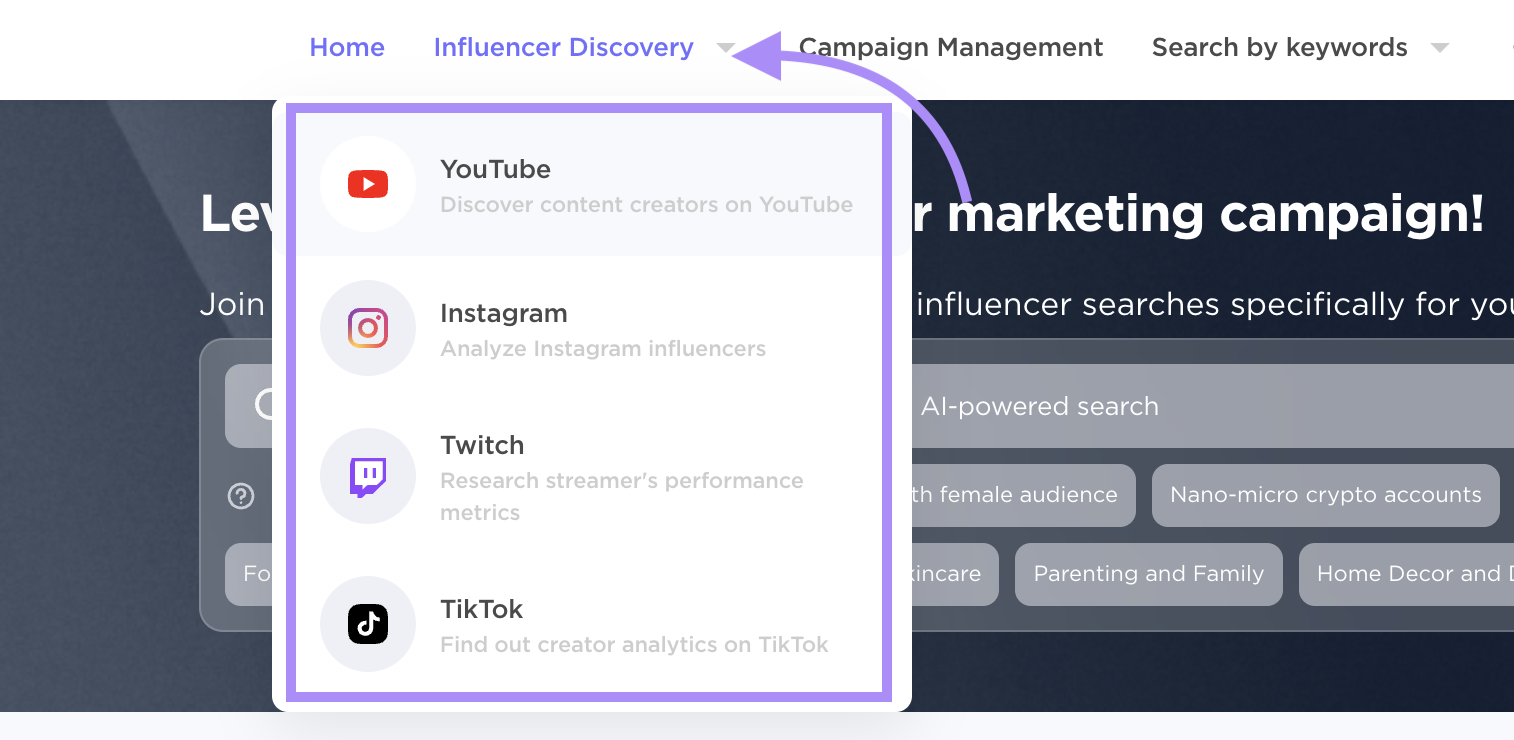 Influencer Analytics menu