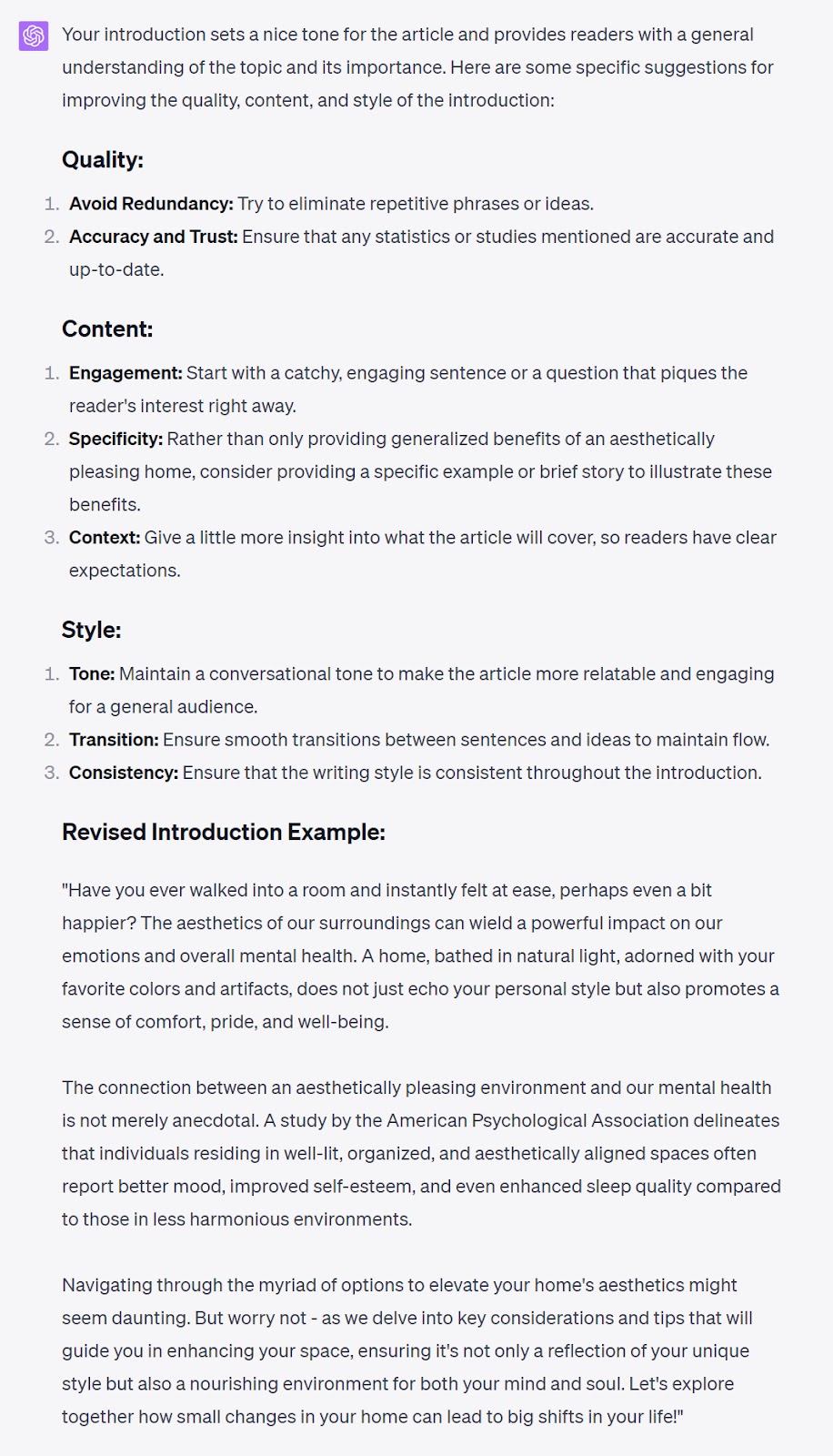 ChatGPT's feedback on the article, including quality, content, style and revised instruction examples sections