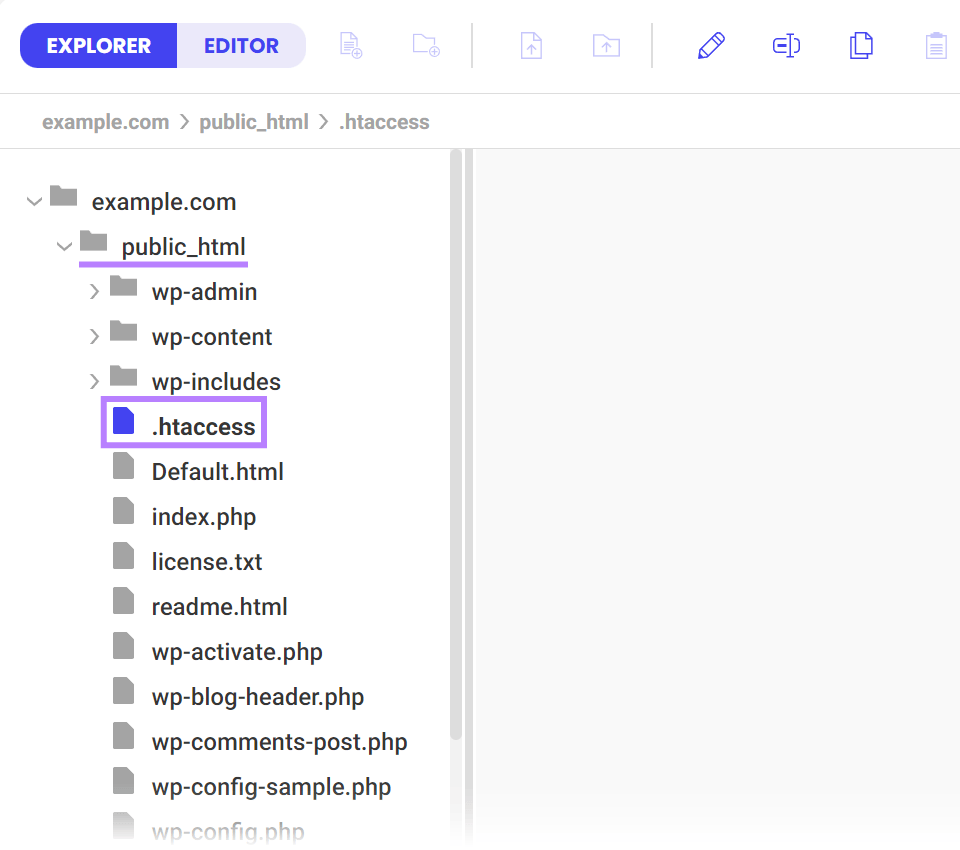 Website hosting file manager showing .htaccess file under the public_html root directory.