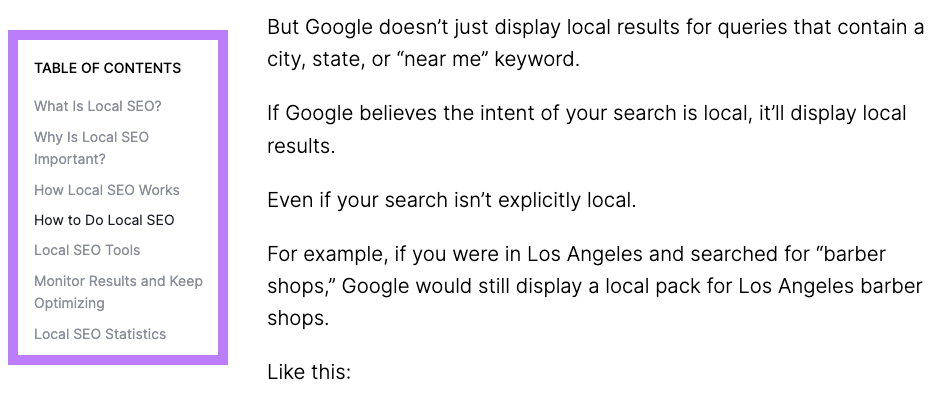 A “sticky” table of contents on the left side of Semrush's blog on local SEO