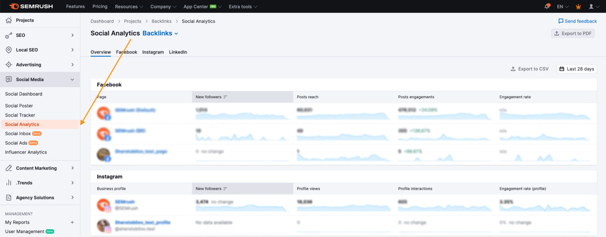 Access the Social Analytics tool on your Semrush dashboard.