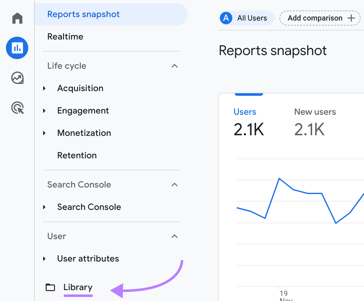 Navigating to "Library" in GA4 menu