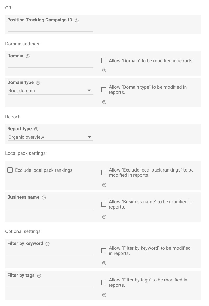 Parameters include: domain, domain type, report type, local pack settings, business name, filter by keyword, and filter by tags. 