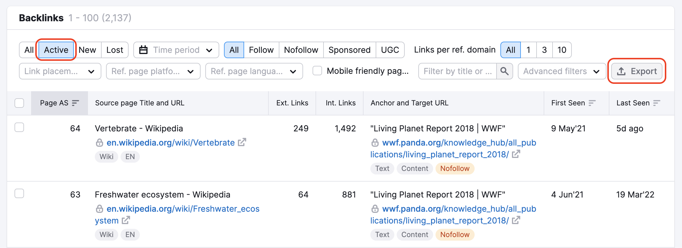 Backlinks report in Backlink Analytics. This report is set to display only active backlinks with this filter being highlighted on top of the report. On the right side, the Export button is highlighted as well.