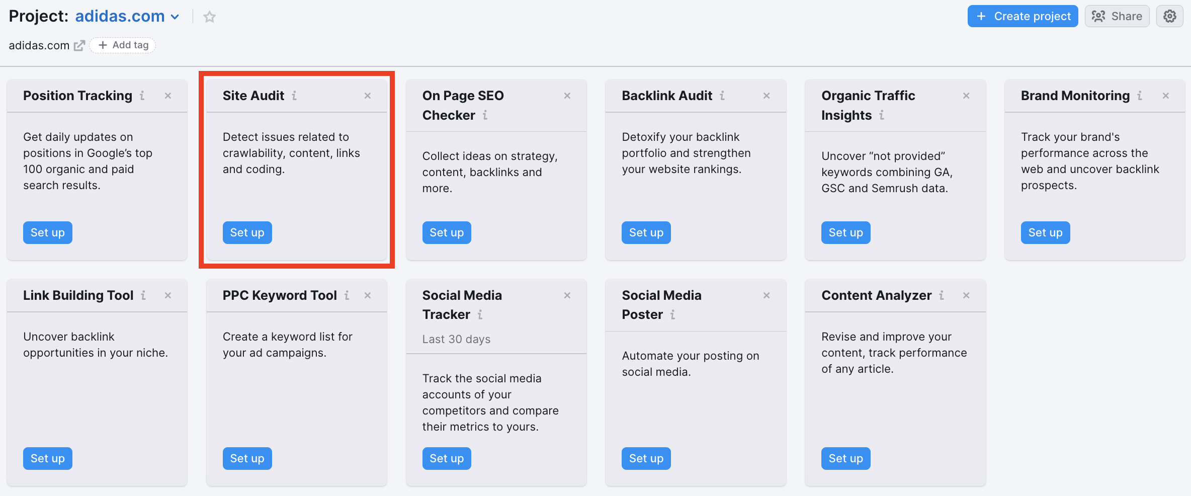 The Project dashboard where the set up Site Audit tool is highlighted. 