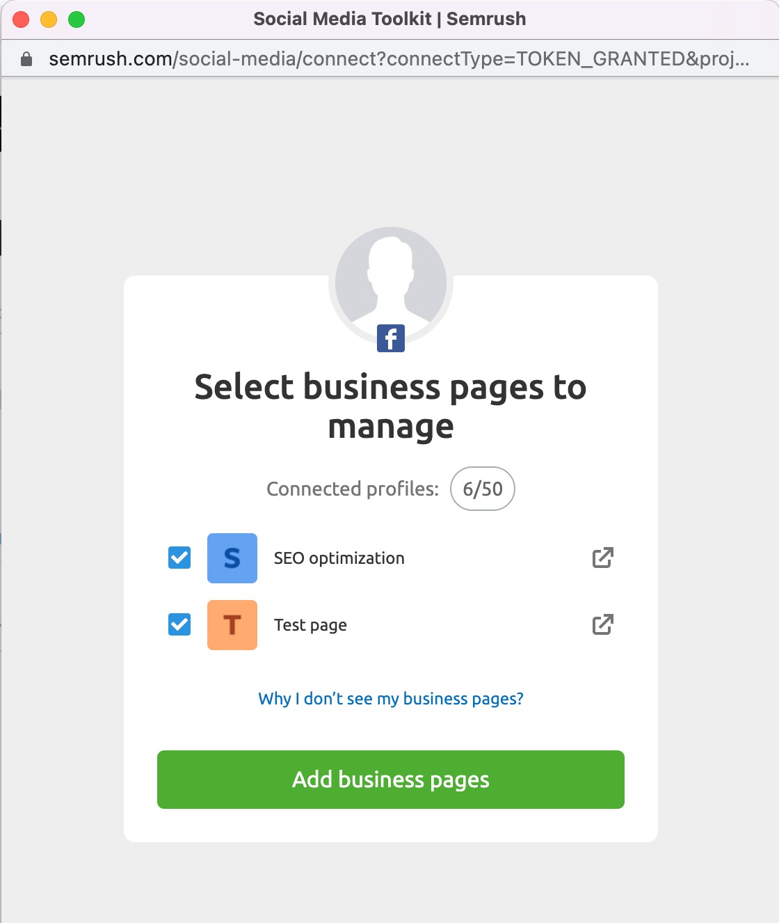 A pop-up window with the next step of connecting Facebook in Social Analytics. User is suggested to select business pages to manage from the provided list.