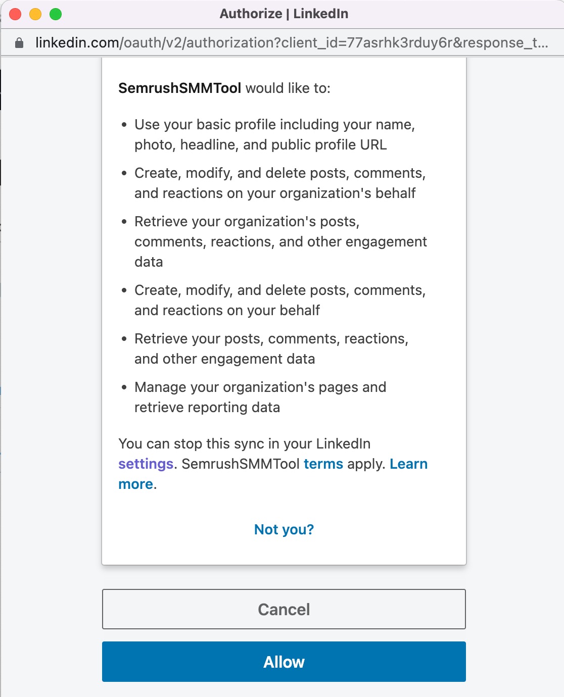 A Semrush access request example for a LinkedIn account, with all permission requests being listed.