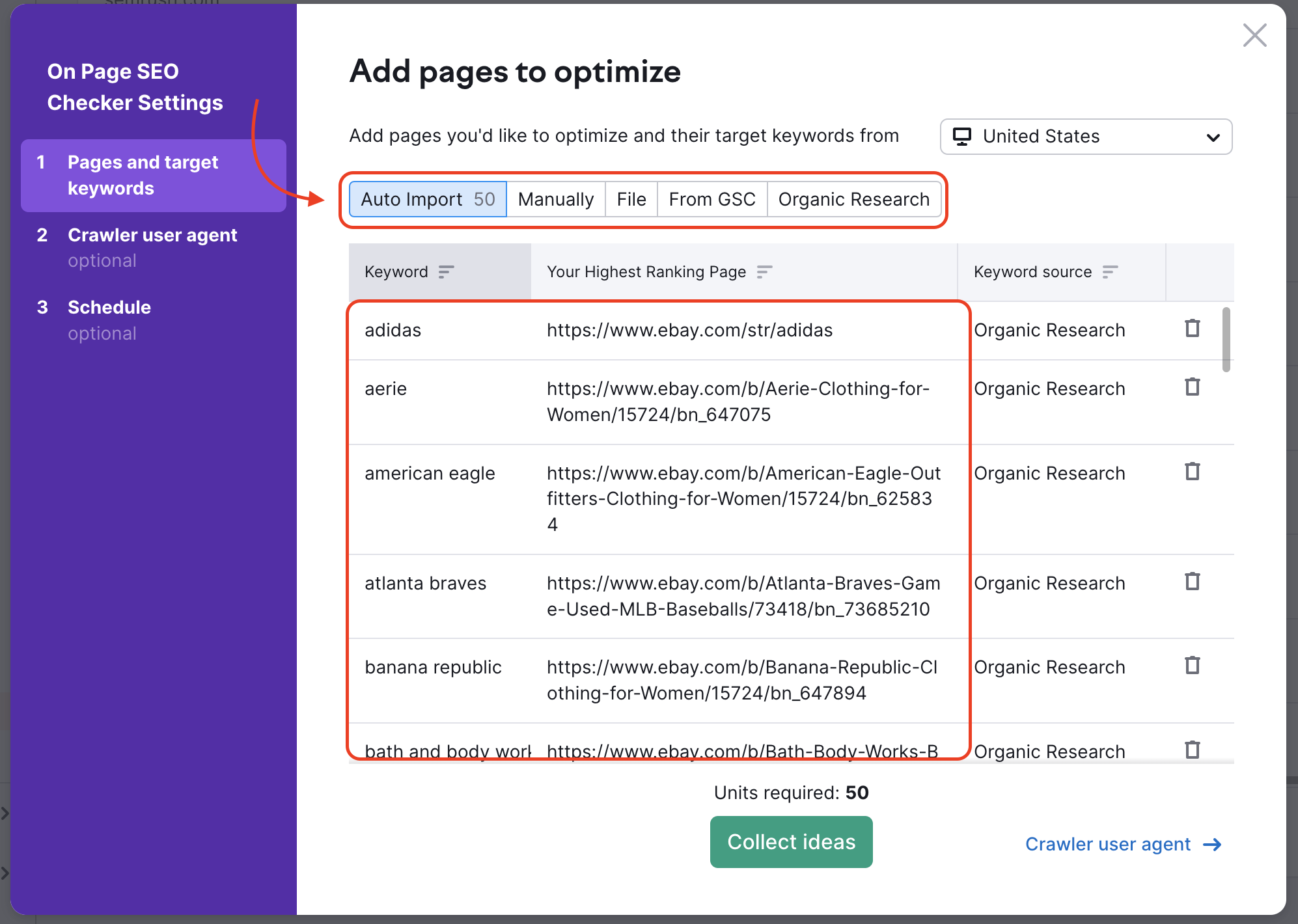 On Page SEO Checker setup window set to 'Add pages to optimize' step. All available import options are highlighted: auto import, manual import, from file, from Google Search Console, and from Organic Research. Page-keyword pair examples are highlighted as well.