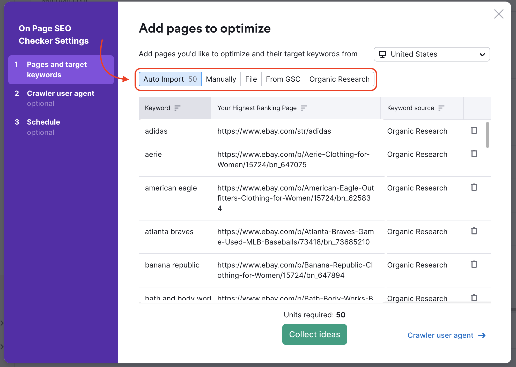 The On Page SEO Checker set up campaign window with the option to add target pages highlighted at the top. 