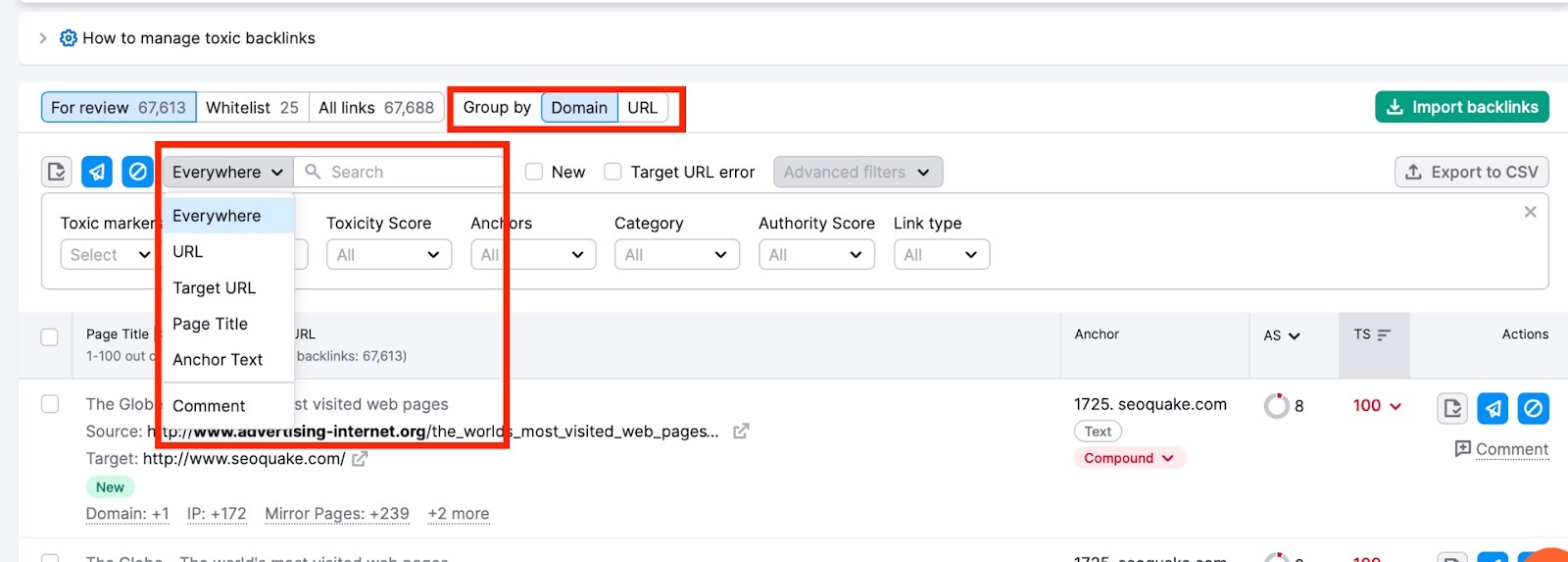 A display of filters of the Audit tab in Backlink Audit. Two red boxes highlight the 'Group by' sorting option and a dropdown menu with the following 'Search' options: Everywhere, URL, Target URL, Page Title, Anchor Text, and Comment.