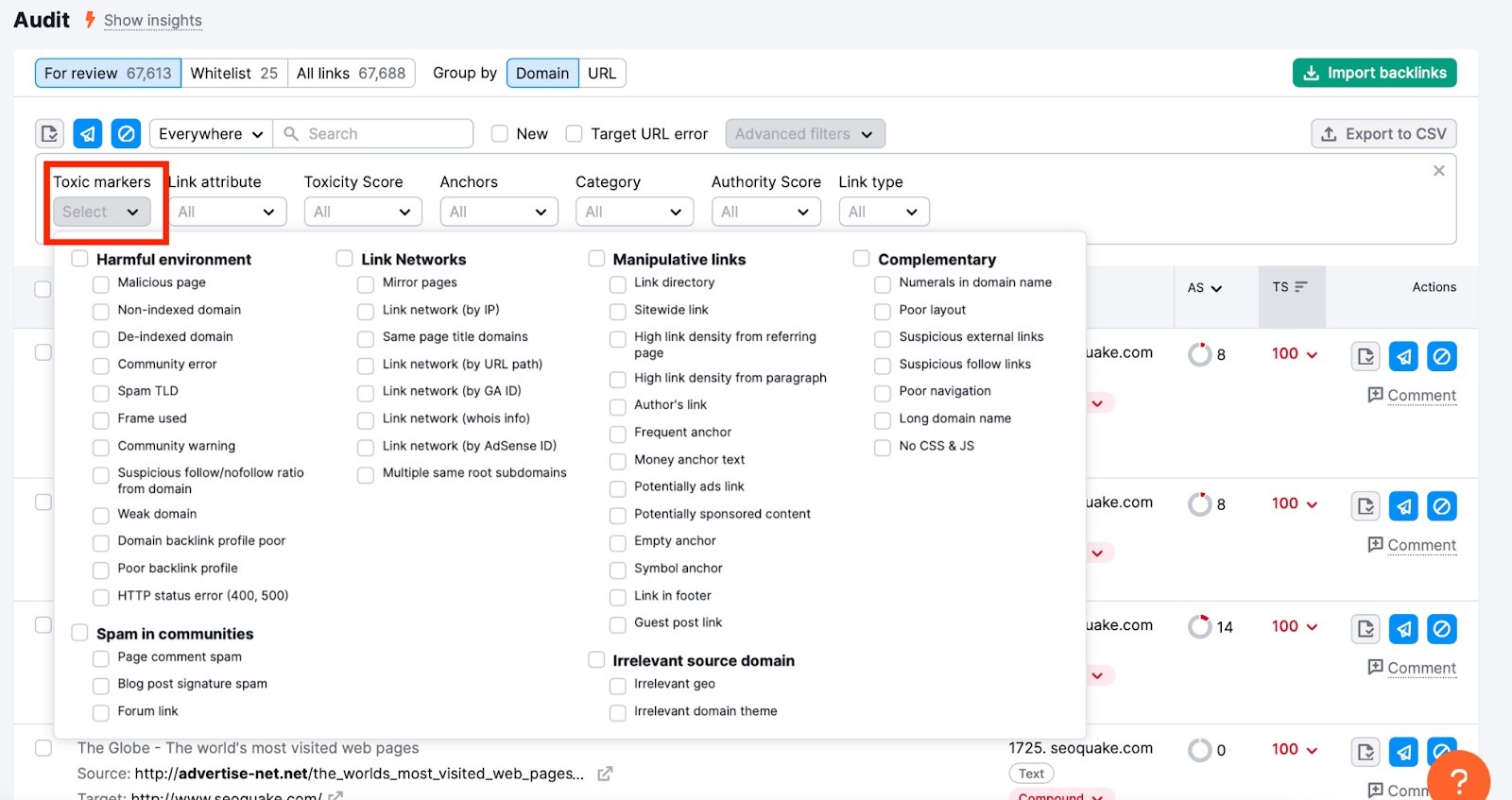 Backlink Audit interface, presenting a list of all backlink filters. Toxic markers filter, highlighted with red, opens a dropdown menu with different toxic marker checkboxes grouped by type.