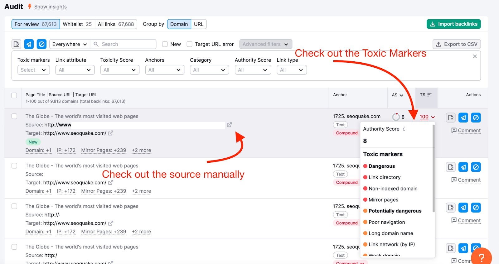 Example of things that need to be checked during a backlink review. One red arrow is pointing at a toxic backlink's Authority Score, where hovering over a number opens a list of detected toxic markers. Second red arrow points at a source URL, suggesting to check the source page manually for additional insights.