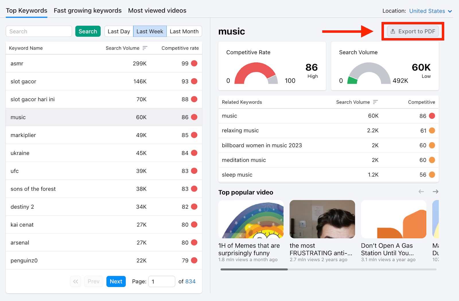 An example of how to export data from the Keyword Analytics for YouTube app.