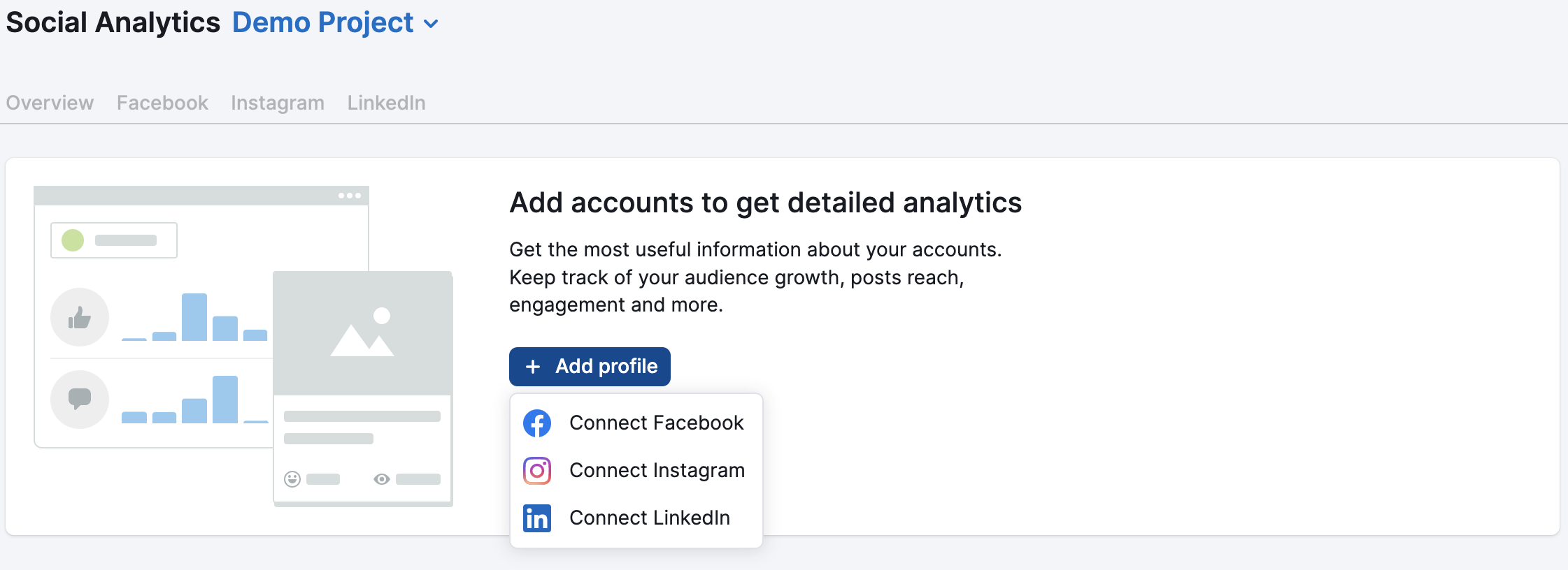 Social Analytics starting page with the Add profile button opening a dropdown menu with Facebook, Instagram, and LinkedIn accounts to choose from for the connection.