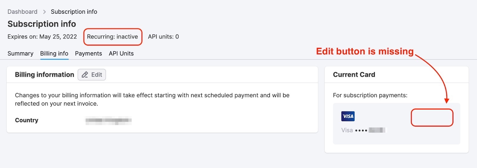 An example of the Billing info tab with a red rectangle highlighting the status of the subscription 'Recurring: inactive' and another rectangle shows a missing 'Edit' button. 