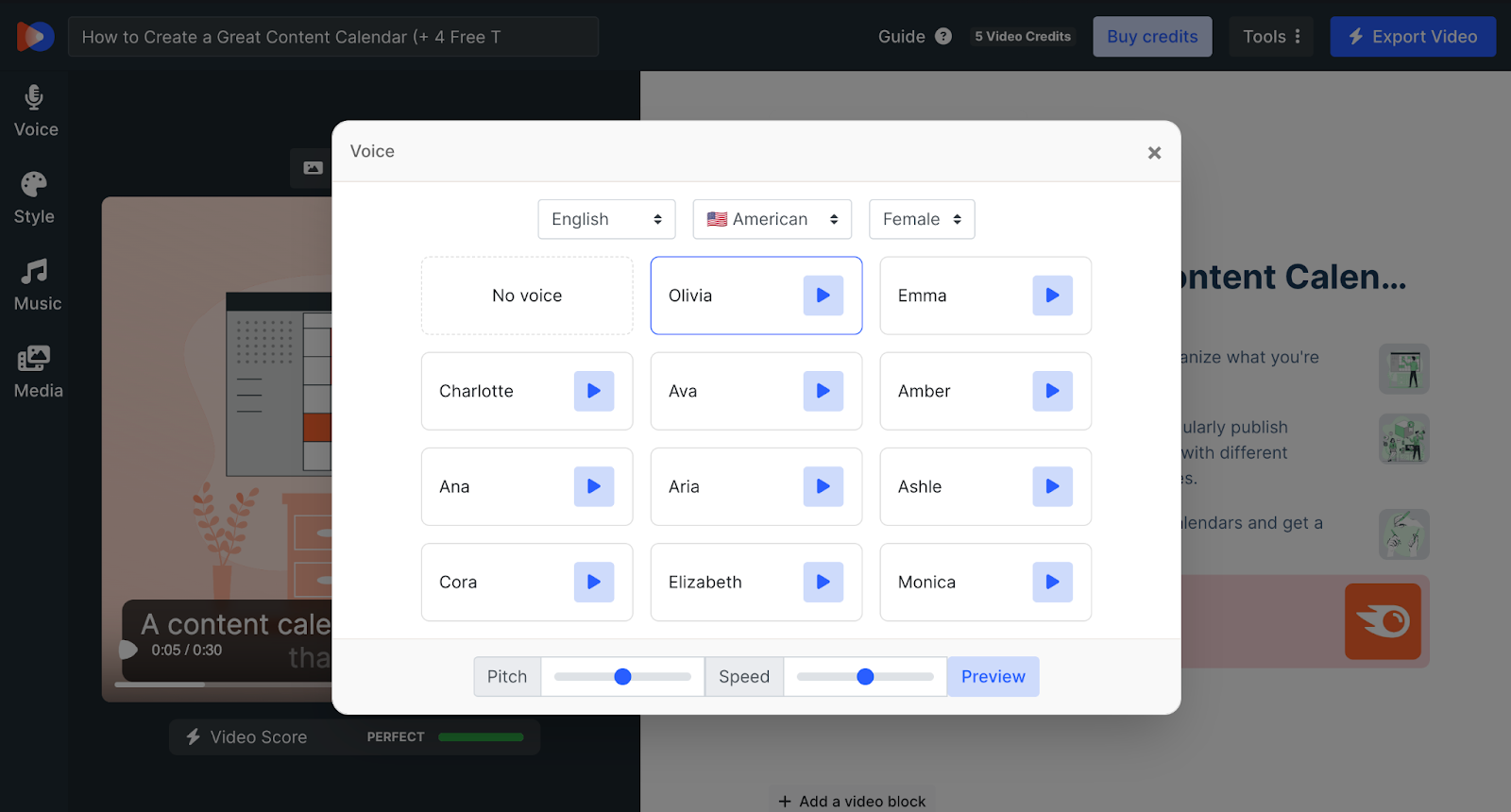 Sample voiceover settings. In this example, the options are set for the English language, an American accent, and a female voice named Olivia.