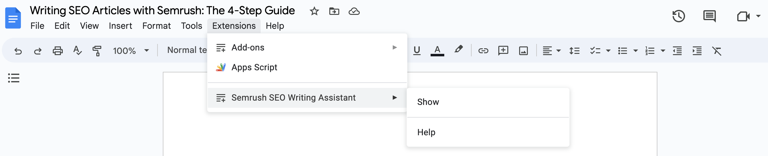 Within Google Docs showing the ‘Extensions’ menu at the top of the page and ‘Semrush SEO Writing Assistant’, then 'Show'. 