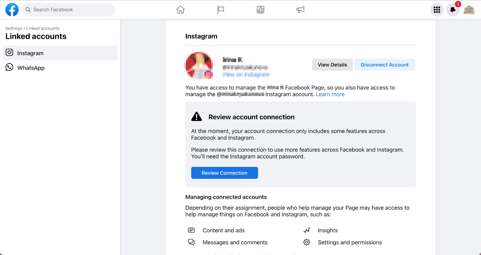 Facebook settings: a page with linked accounts where you can see a message to review connection. 
