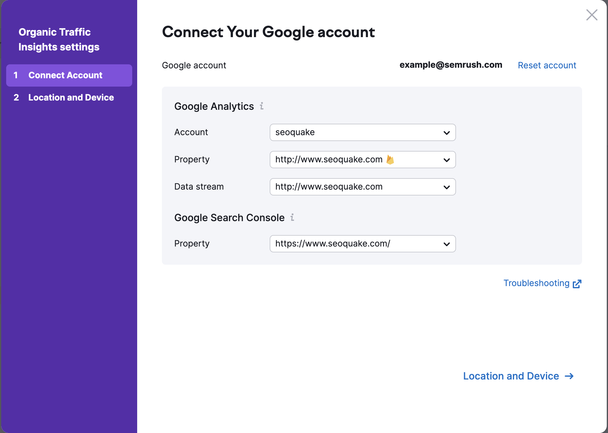 Organic Traffic Insights set up wizard with the connected Google account and selected property, data stream, and GCS property.