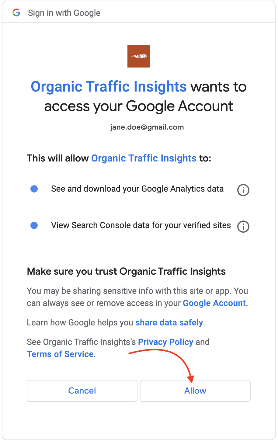 Sign in Google account with a red arrow pointing to the Allow button. 