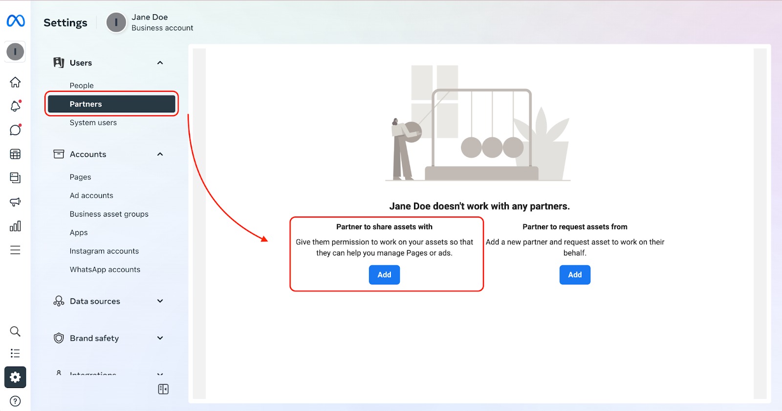 Meta business suite settings menu with red rectangles highlighting the Partners tab and the Add button which you need to click to share assets. 