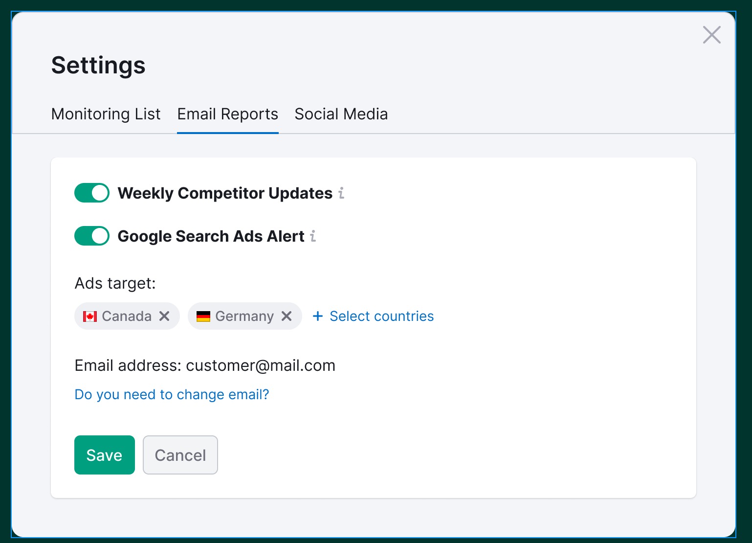 The settings window. Inside the Email Reports tab. The Weekly Competitor Updates and Google Search Ads Alerts toggles are on. The select target countries are Canada and Germany.  