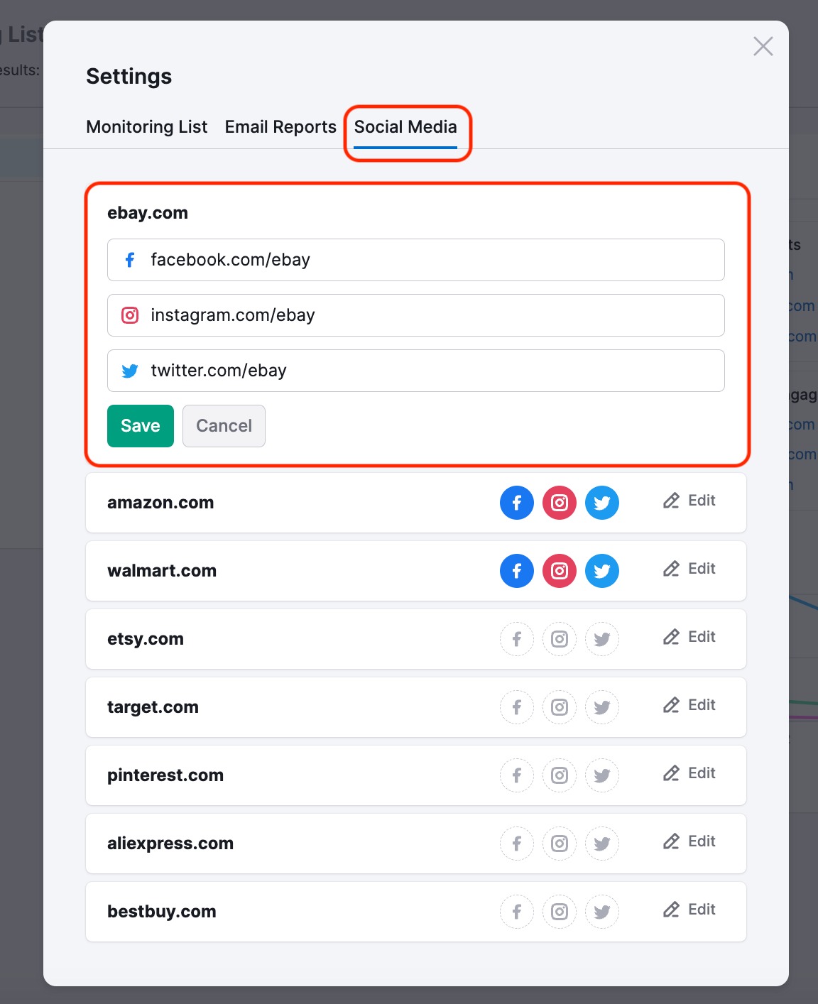 The settings window. A red rectangle highlights the Social Media tab at the top. Another red rectangle highlights a box with the competitor domain and Facebook, Instagram and Twitter handles. 