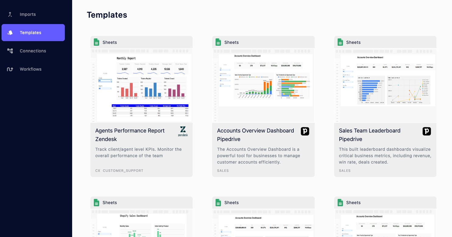 The home screen for the Templates section of AI Automated Data Connector.