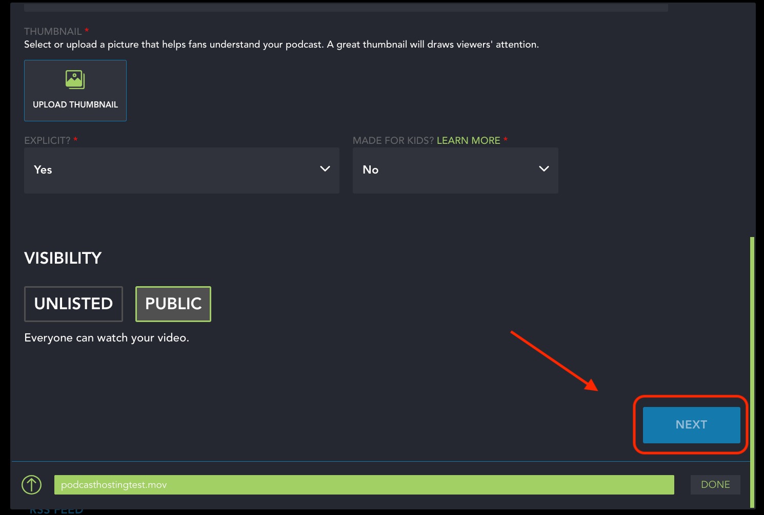 An example of the bottom of the video podcast upload screen. A red arrow points to a blue “Next” button. 