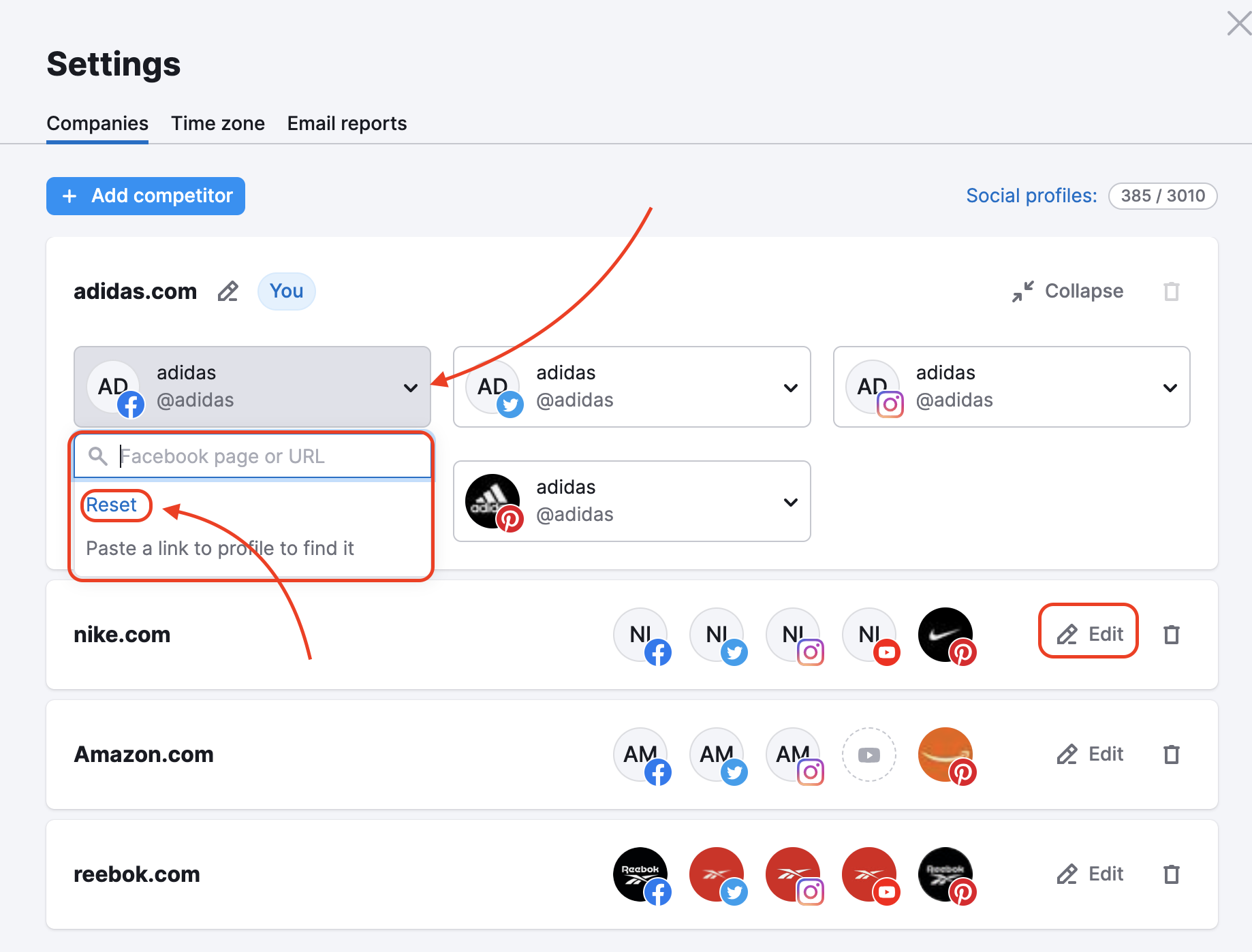 Social Tracker Settings window with red rectangles highlighting the drop-down under the connected account and the Reset button there, as well as the Edit button next to every competitor.