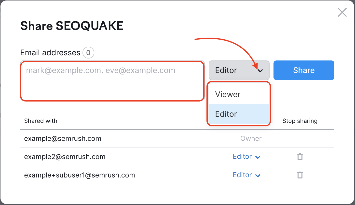 An example of the Share menu with red rectangles highlighting the box where you can add email addresses and the drop-down with the permissions of Viewer and Editor.