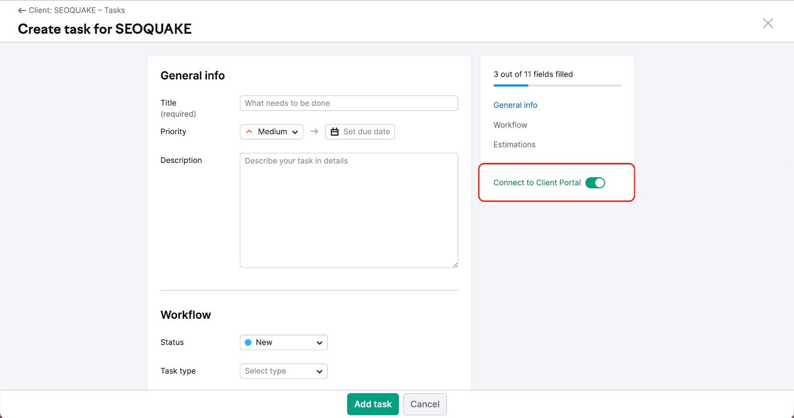 Create task menu with a red rectangle highlighting the enabled Connect to Client Portal switcher on the right. 