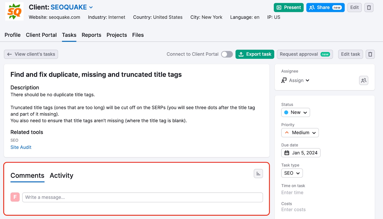 An example of the main CRM page with a red rectangle highlighting the Comments section closer to the bottom. 