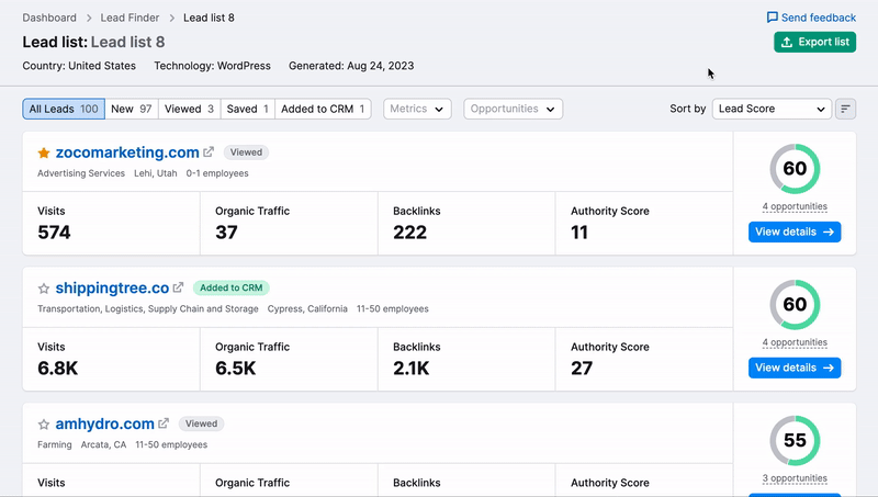 Examples of a Lead Score in in the Lead Finder interface.