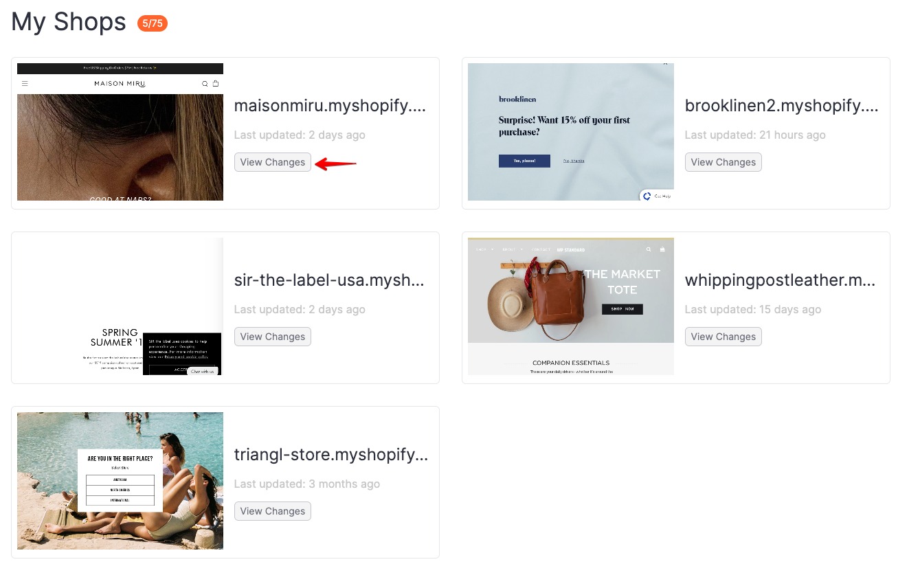 The ‘my shops’ section with an arrow pointing to the ‘view changes’ button on the first tile.