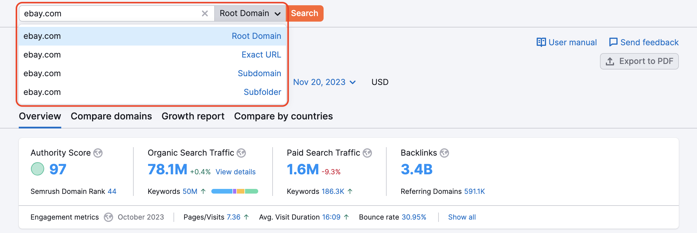 After entering a website into a search bar, open the dropdown menu via the arrow icon on the right. The list of available options (root domain, exact URL, subdomain, subfolder) will be available for selection.