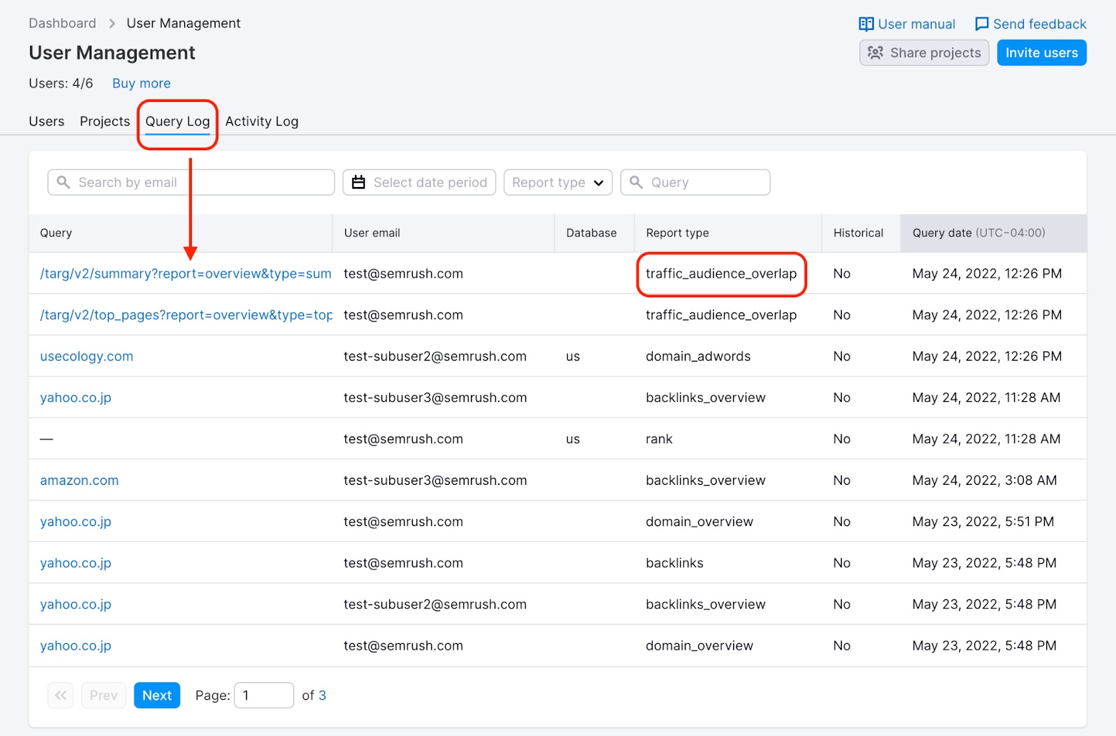 Example of the Query Log where the query and report type is highlighted. 