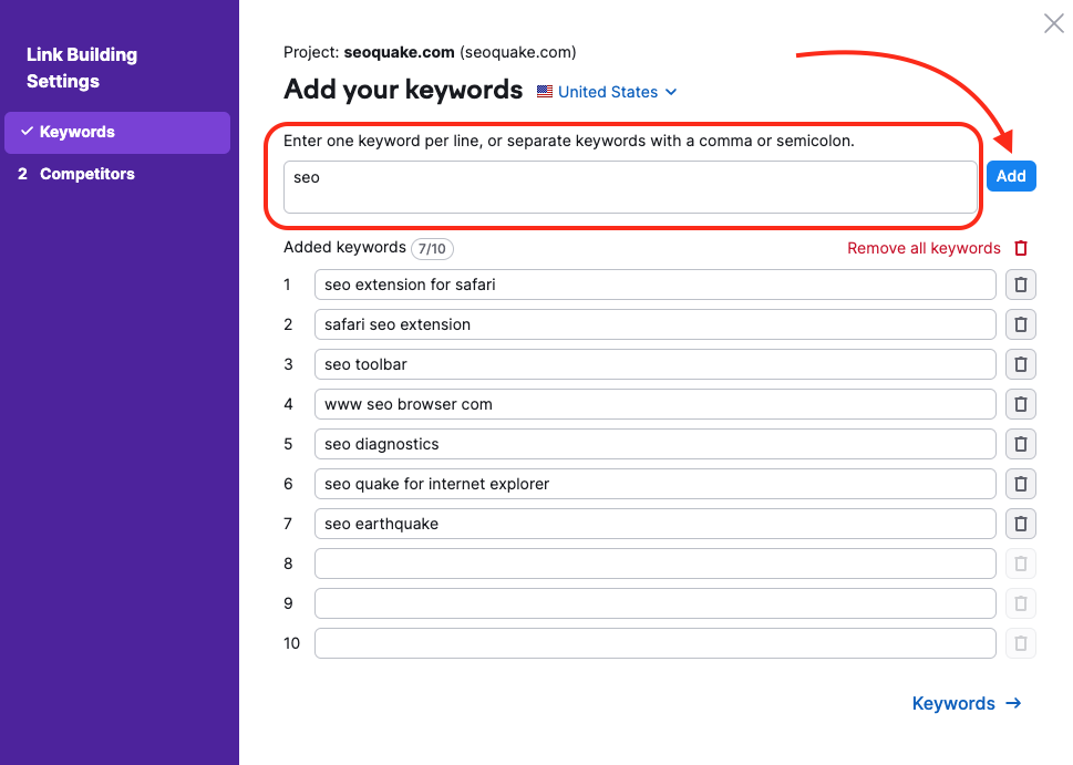 Link Building tool setup window with a red rectangle highlighting the field where you can add keywords at the top. Also, a red arrow is pointing to the Add button next to this field.