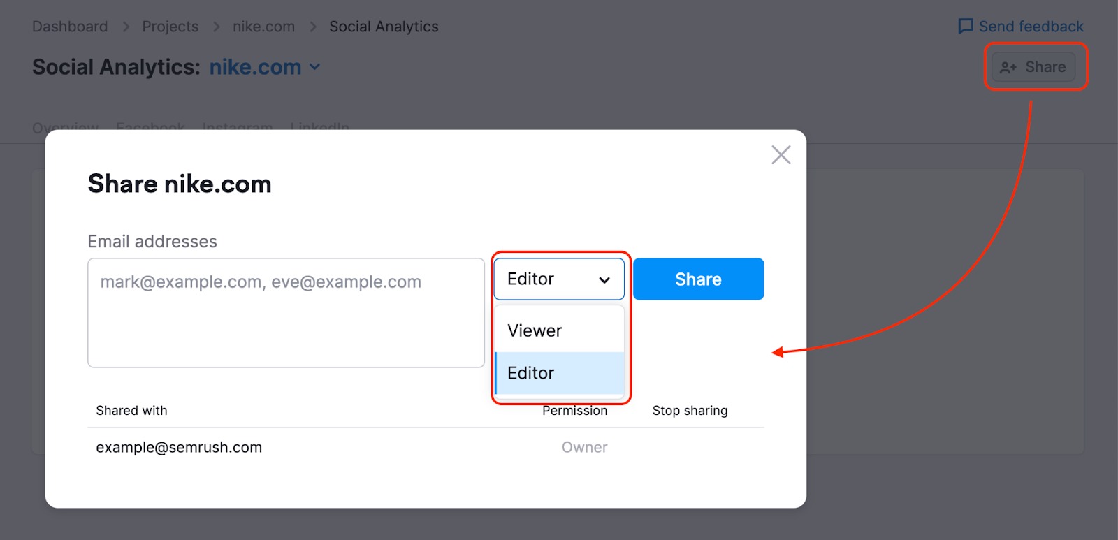 An example of a pop-up window in Social Analytics that opens after clicking the Share button. The dropdown menu next to the Email addresses field has Viewer and Editor sharing options highlighted. 