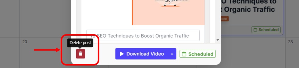 How to delete a scheduled social media post in the Content Calendar.