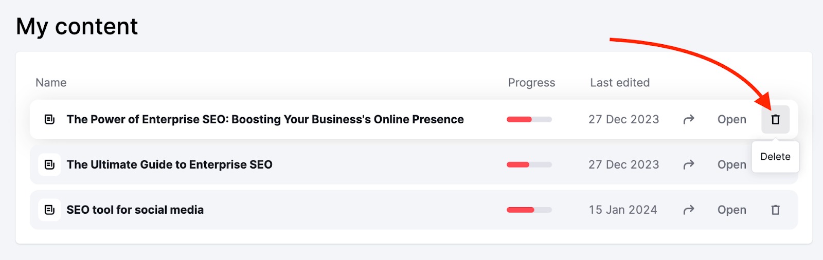 A red arrow pointing to the delete button in the My content part of the interface.