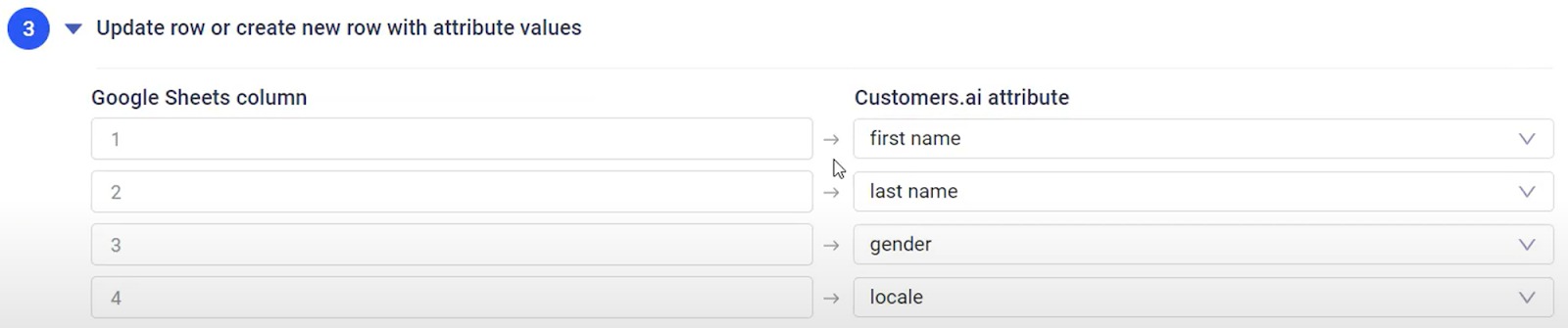 Choosing attributes for an existing spreadsheet linked to your Google account.