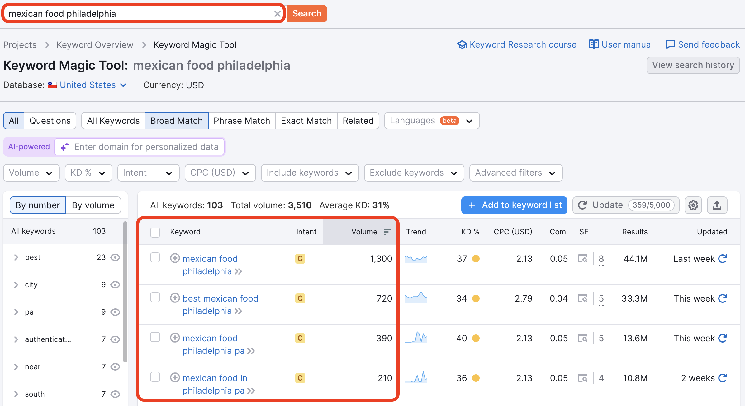 The Keyword Magic Tool with the target keyword example and the keyword table highlighted. 